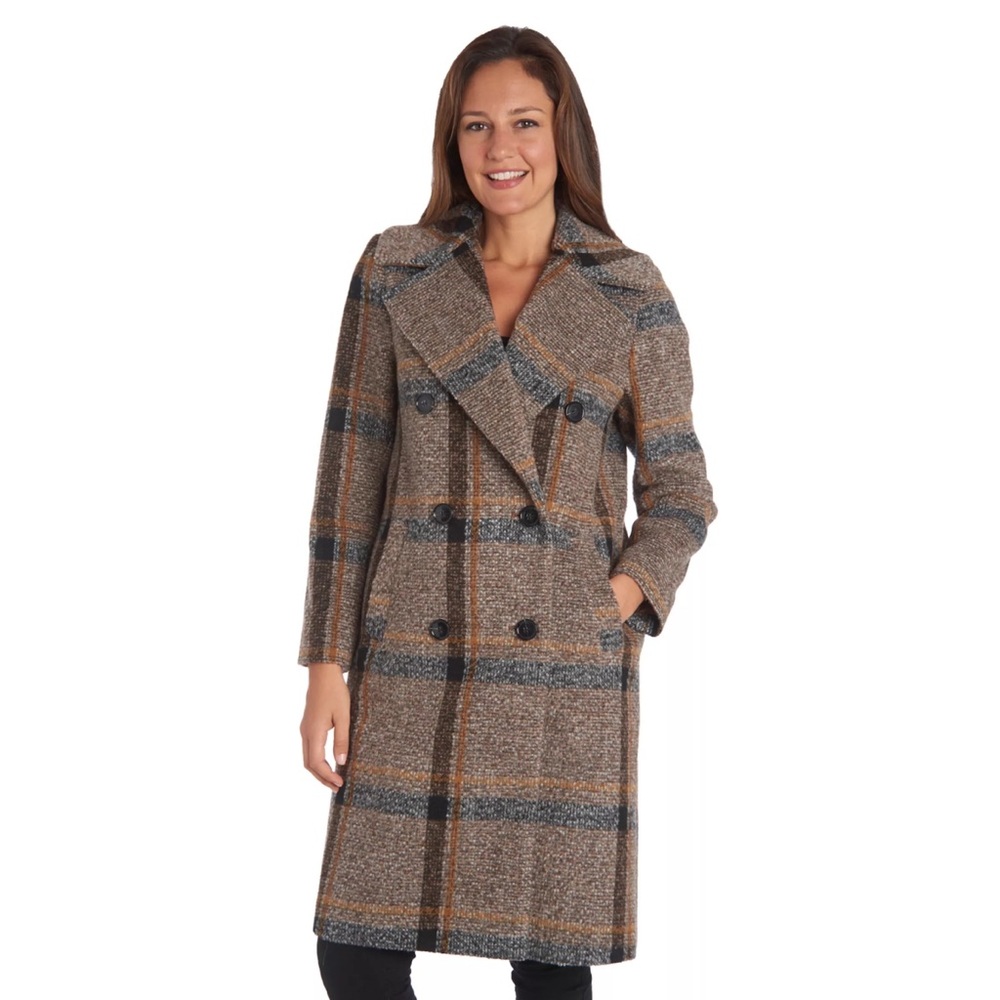 Kendall+Kylie double-breasted plaid wool coat